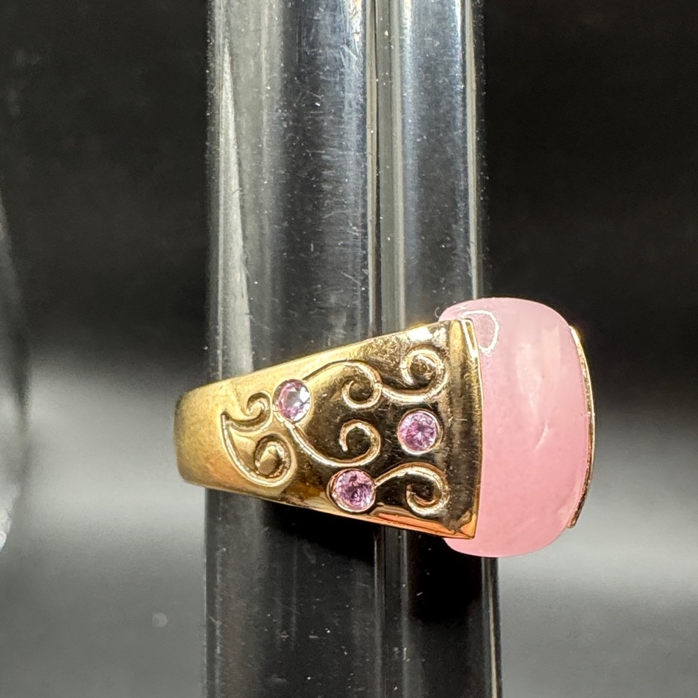925 Sterling Size 9 Silver Rose Quartz & Pink Sapphire Gold Plated Ring 8.7 G - Picture 4 of 9